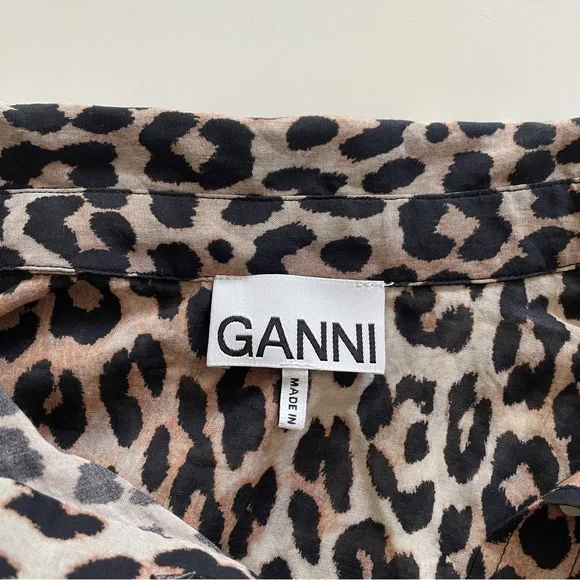 Ganni Leopard Print Button Down Blouse Black Tan Size 40 (US 8) Animal Print Top - Picture 4 of 10